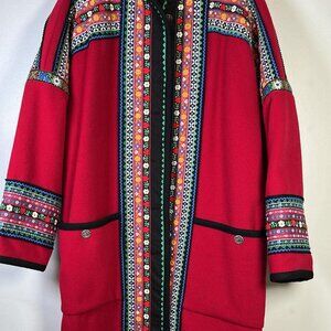 Vintage ORVIS Red Wool Embroidered Coat Sz M Luxury Scandinavian Style Quality